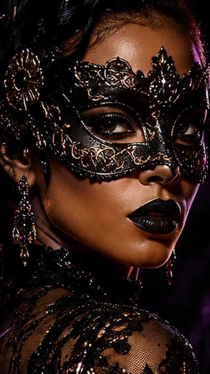 A guest in a black lace masquerade mask