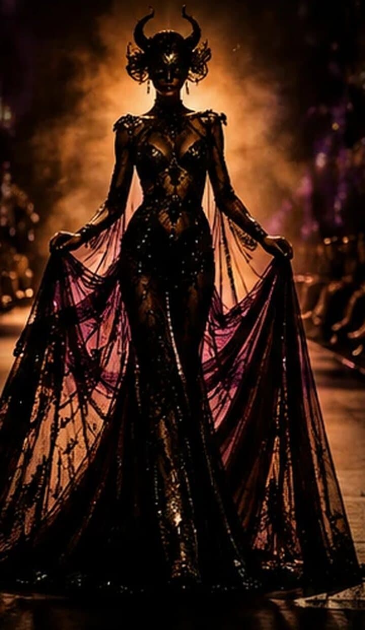 A model on the runway in a gown under chandeliers