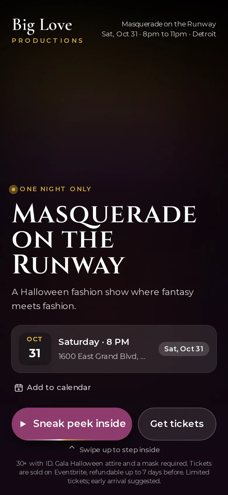 Big Love Productions' Showlnk link on a phone: Masquerade on the Runway, Saturday October 31 at 8 PM, with Sneak peek inside and Get tickets buttons
